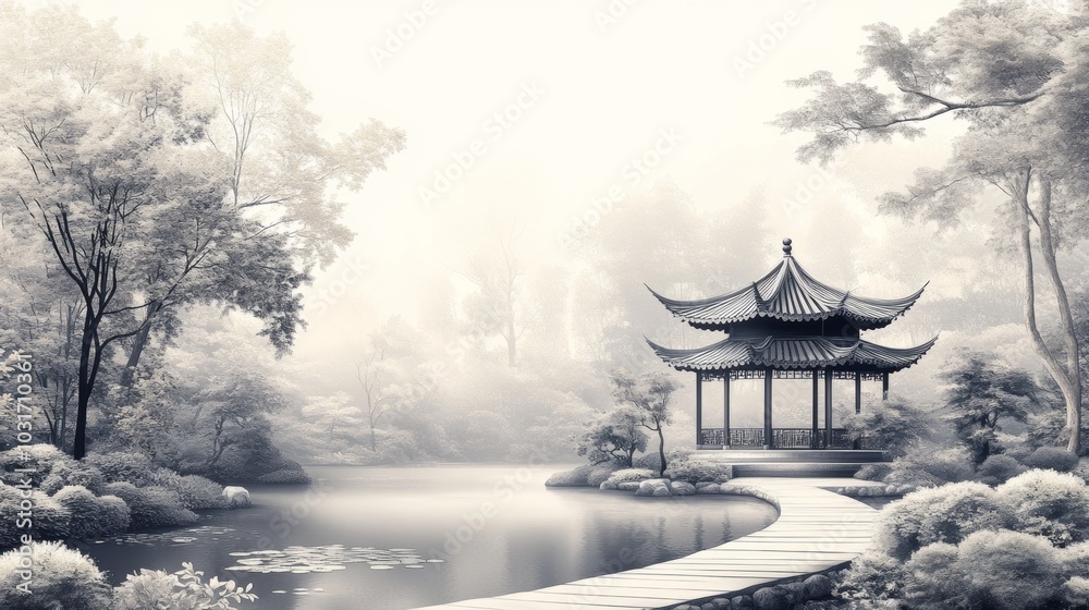 Serene Chinese Garden Pavilion with Foggy Pond and Bridge Serene Chinese Garden Pavilion with Foggy Pond and Bridge