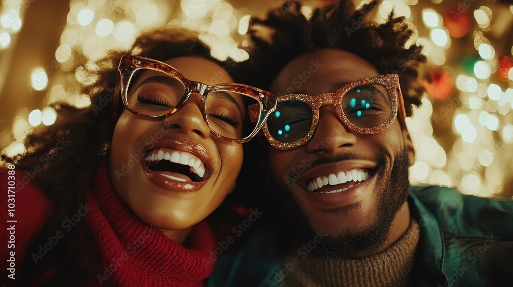 A cheerful duo with wide smiles wearing glamorous glittery glasses, standing in front of golden holiday lights, exuding happiness and festive spirit while celebrating.