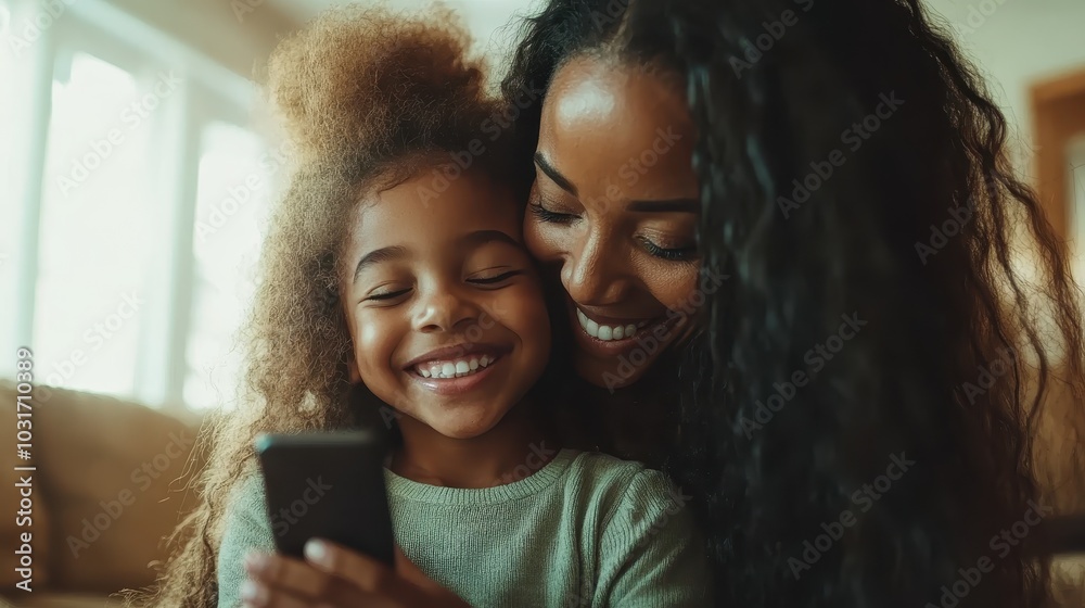 A delightful scene capturing a mother and her child sharing a joyous moment with a smartphone, symbolizing the bond and happiness shared in modern family life. A delightful scene capturing a mother and her child sharing a joyous moment with a smartphone, symbolizing the bond and happiness shared in modern family life.