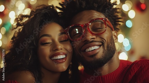 A smiling pair dressed in red and styled glasses is embracing joyfully against a bright, glittering background, representing love, happiness, and festive celebration.