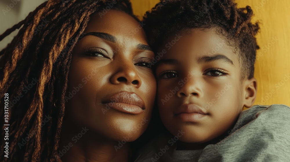 Portrait of a composed mother with textured hair and her son posing gracefully. Set against a yellow backdrop, the image exudes a sense of love and composure.