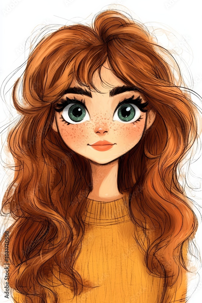 A drawing of a girl with long red hair and numerous freckles A drawing of a girl with long red hair and numerous freckles