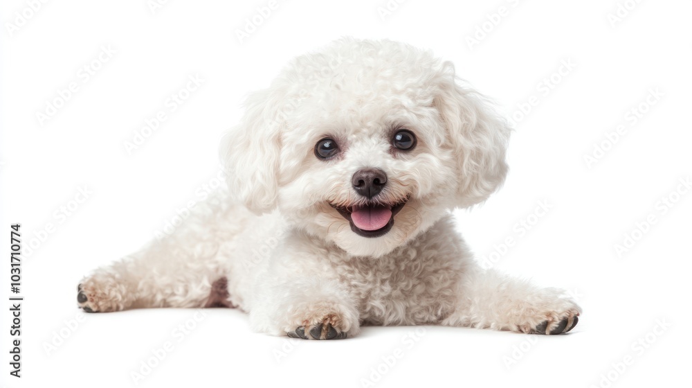 A cheerful white dog with curly fur lying down and smiling.