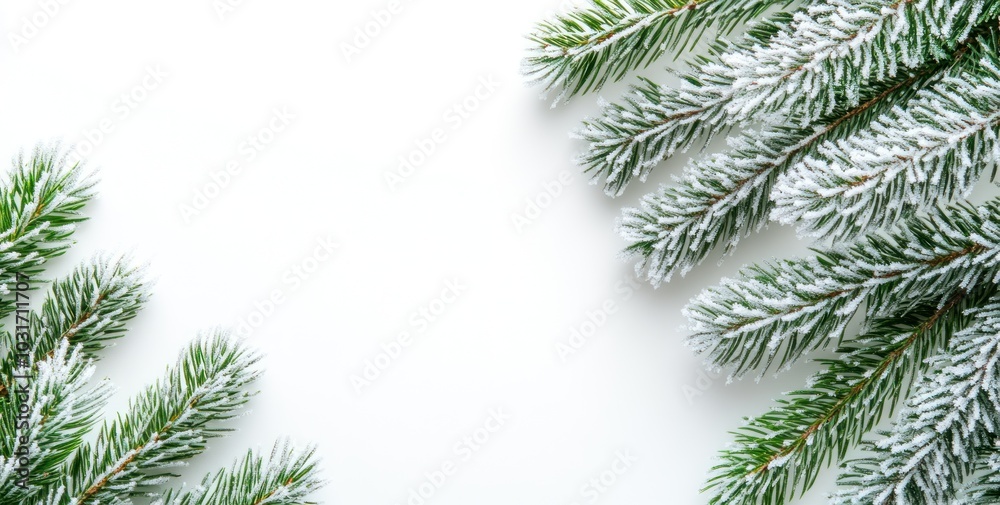 Frosted evergreen branches on a white background, ideal for winter-themed designs. Frosted evergreen branches on a white background, ideal for winter-themed designs.
