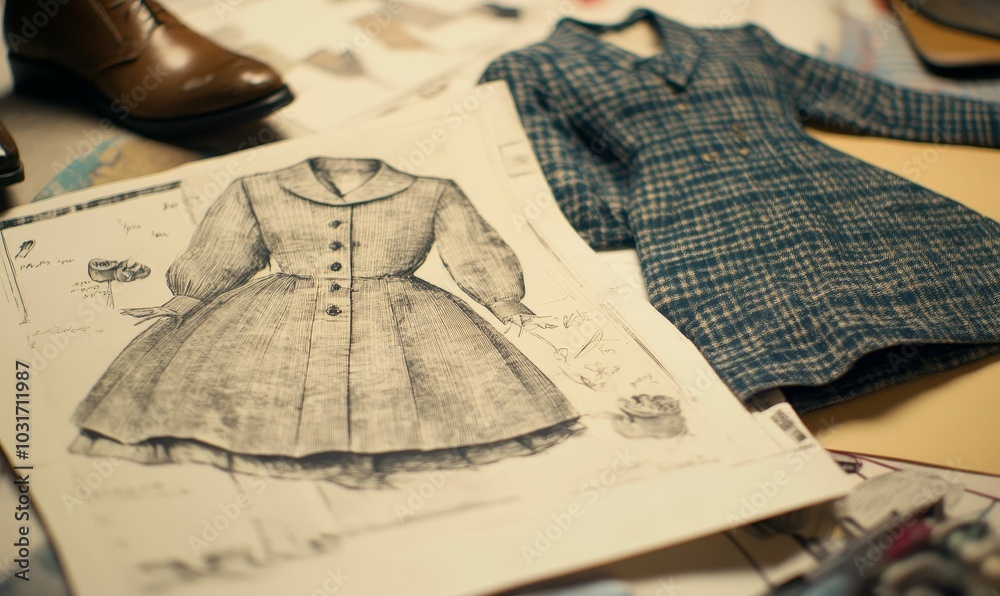 Obraz premium A drawing of a dress and a patterned cloth.