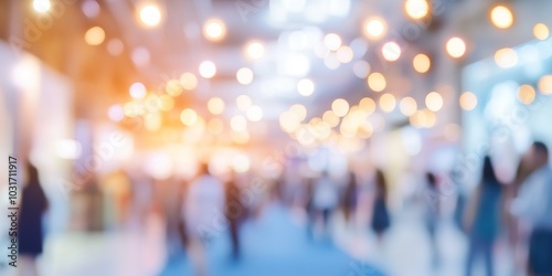 Creative abstract business exhibition background, shot showing blurred lights and crowd on blue carpet, perfect for advertising and marketing, showing lively atmosphere of corporate event 