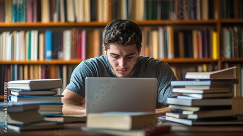 A student researching the education requirements for their desired occupation, surrounded by textbooks and a laptop