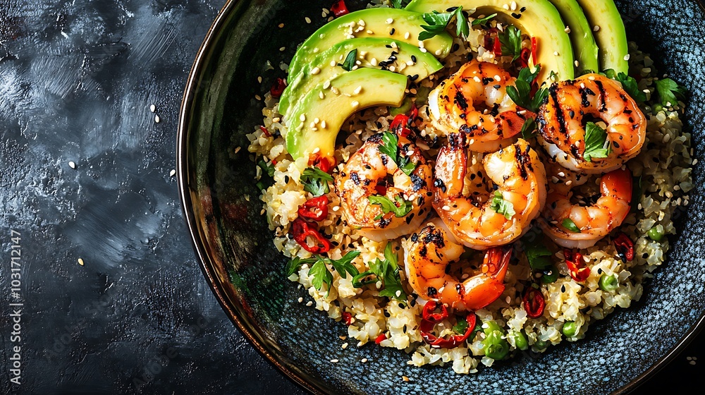 A vibrant plate of cauliflower rice topped with grilled shrimp, avocado slices, and a sprinkle of sesame seeds.