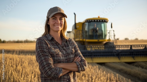 Female Farmer Standing in Wheat Field with Combine Harvester