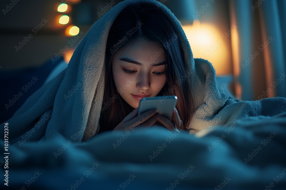 Young lady lying under blanket on bed and looking at cellphone screen in dark bedroom late at night, Generative AI Young lady lying under blanket on bed and looking at cellphone screen in dark bedroom late at night, Generative AI