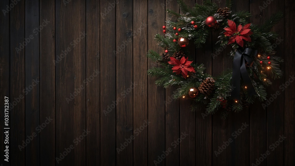 Fototapeta premium A beautifully crafted Christmas wreath adorned with red poinsettias, shiny ornaments, and warm lights, bringing festive joy against a rustic wooden background.