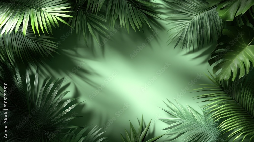 Lush green foliage creates a serene backdrop with soft lighting for design use. Lush green foliage creates a serene backdrop with soft lighting for design use.