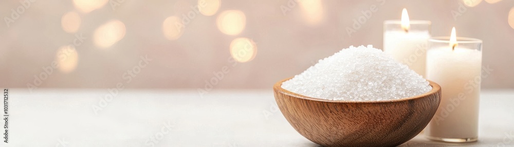 A wooden bowl filled with white salt beside lit candles on a soft background with bokeh lights. A wooden bowl filled with white salt beside lit candles on a soft background with bokeh lights.