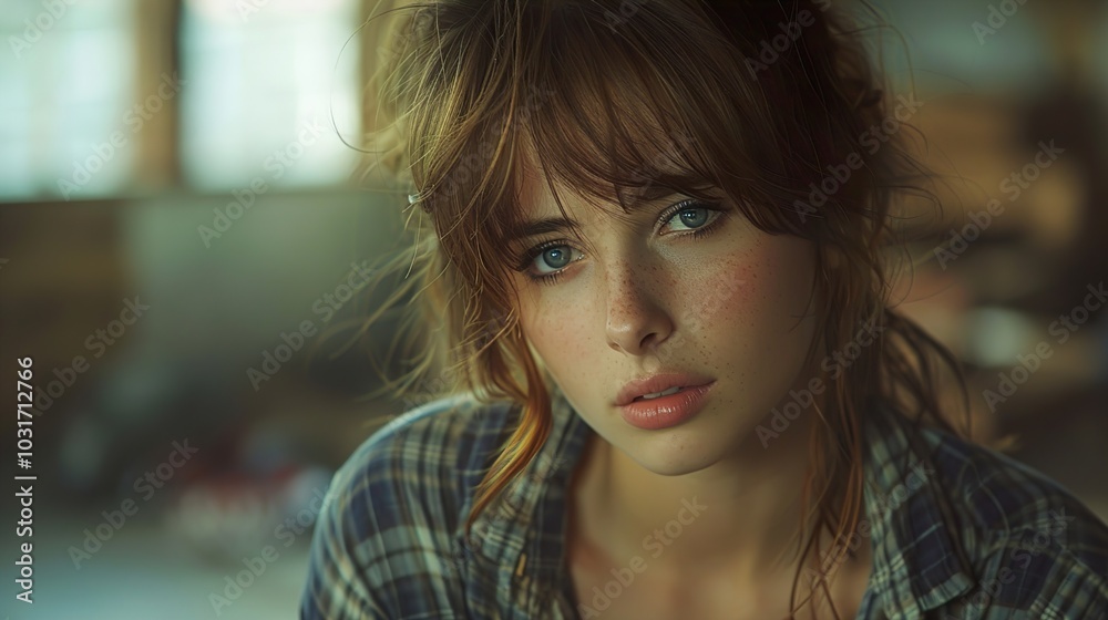 Close-Up Portrait of a Woman with Blue Eyes and Freckles Close-Up Portrait of a Woman with Blue Eyes and Freckles