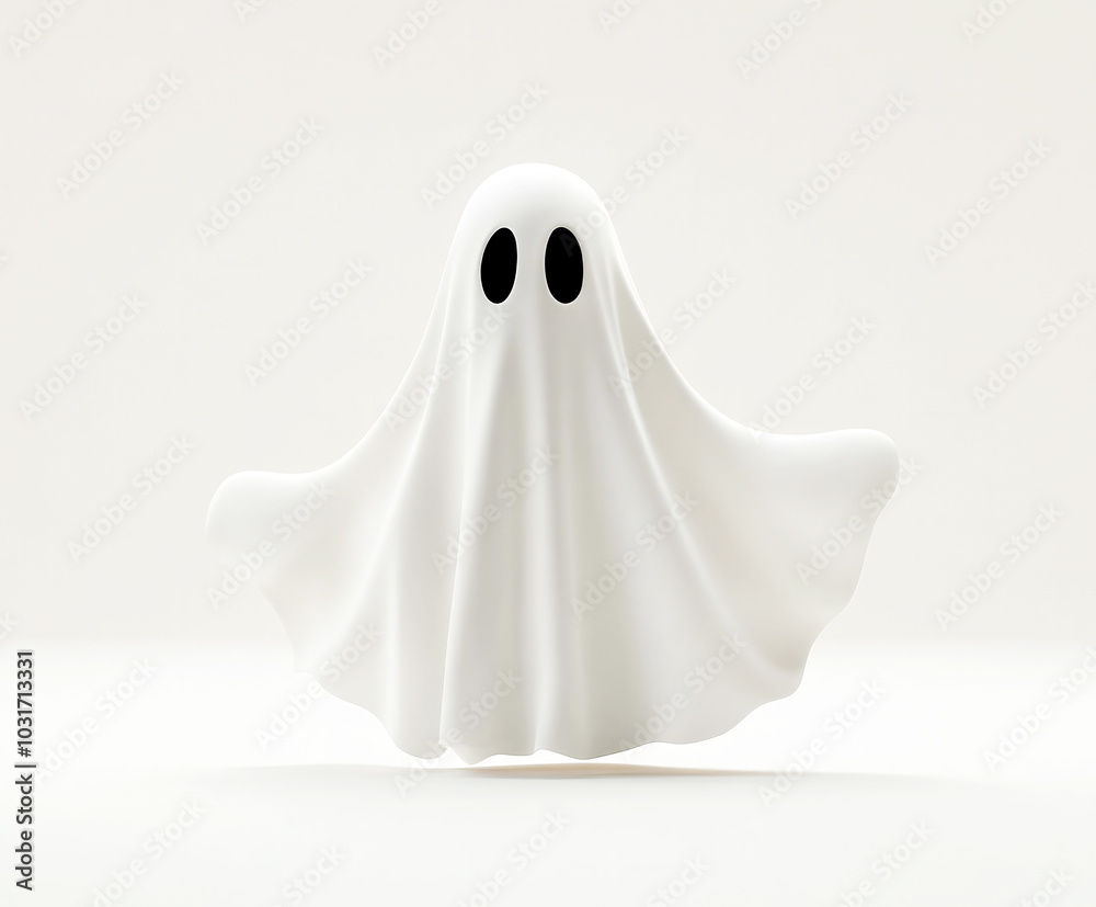 A simplistic ghost with a smooth, flowing white sheet, hovering with its wide, rounded arms. Isolated on a white background, it symbolizes a classic Halloween spirit..