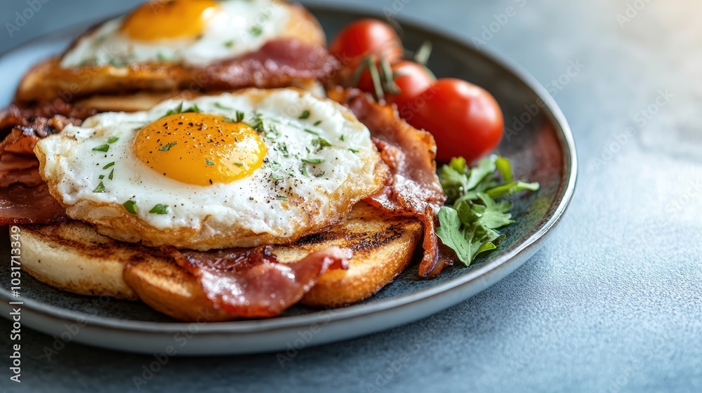 A delicious and hearty breakfast featuring fried eggs, crispy bacon, and fresh cherry tomatoes on toasted bread, garnished with parsley, on a rustic plate. A delicious and hearty breakfast featuring fried eggs, crispy bacon, and fresh cherry tomatoes on toasted bread, garnished with parsley, on a rustic plate.