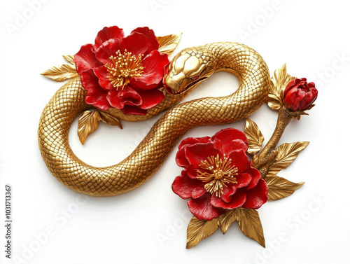 A coiled golden snake surrounded by red flowers, representing wealth and beauty, often used as a symbol in Asian cultures for prosperity. Isolated on a white background. Chinese new year ..