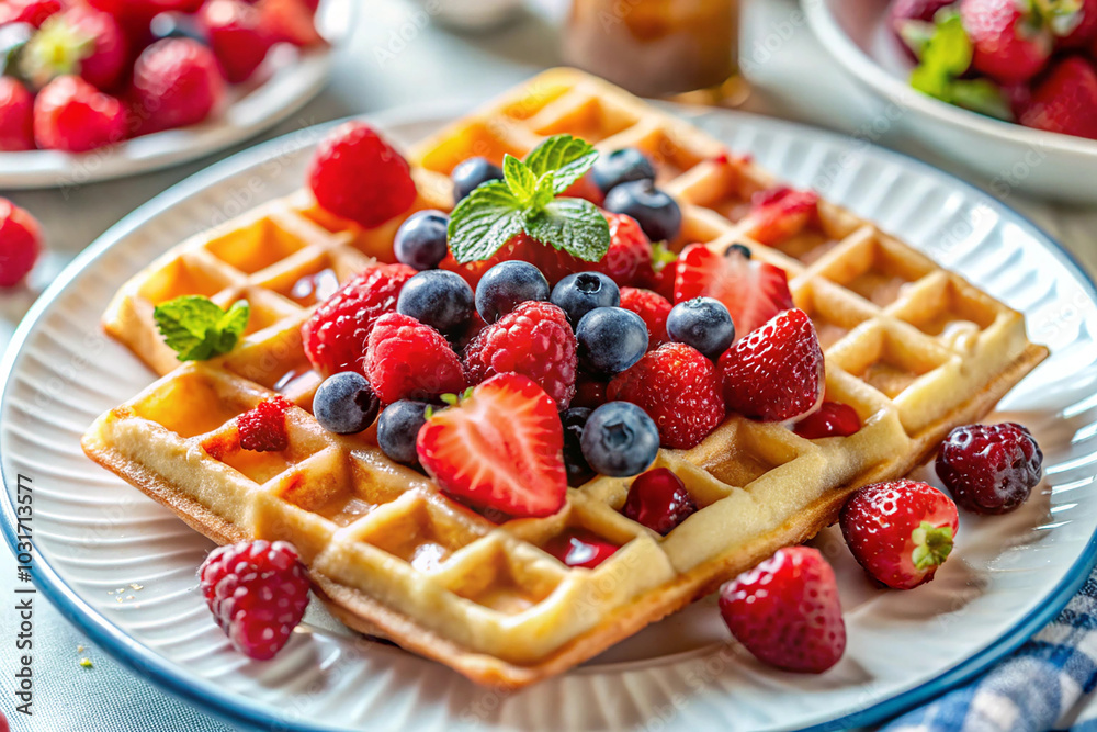 Freshly Made Belgian Waffles with Berries in Home Interior - Bakery Food Photography. Cake with berries and mint in a bowl Freshly Made Belgian Waffles with Berries in Home Interior - Bakery Food Photography. Cake with berries and mint in a bowl