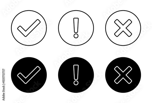 Checkmark, exclamation mark, and cross sign icon on black circle. Tick, warning, and x symbol