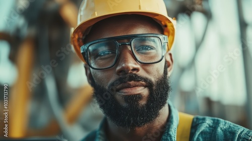 A determined engineer wearing safety gear, standing confidently at an industrial construction site with focused eyes, projecting professionalism and dedication.