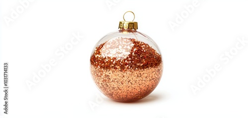 A glass ornament filled with glitter and sparkles, with a golden hook on top, isolated on a clean white background photo