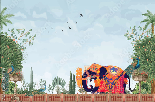 Traditional Mughal Motif Frame Arch Peacock, Traditional Mughal decorative garden with arch peacock seamless pattern frame, Traditional Mughal temple lattice wall peacock tree pattern illustration