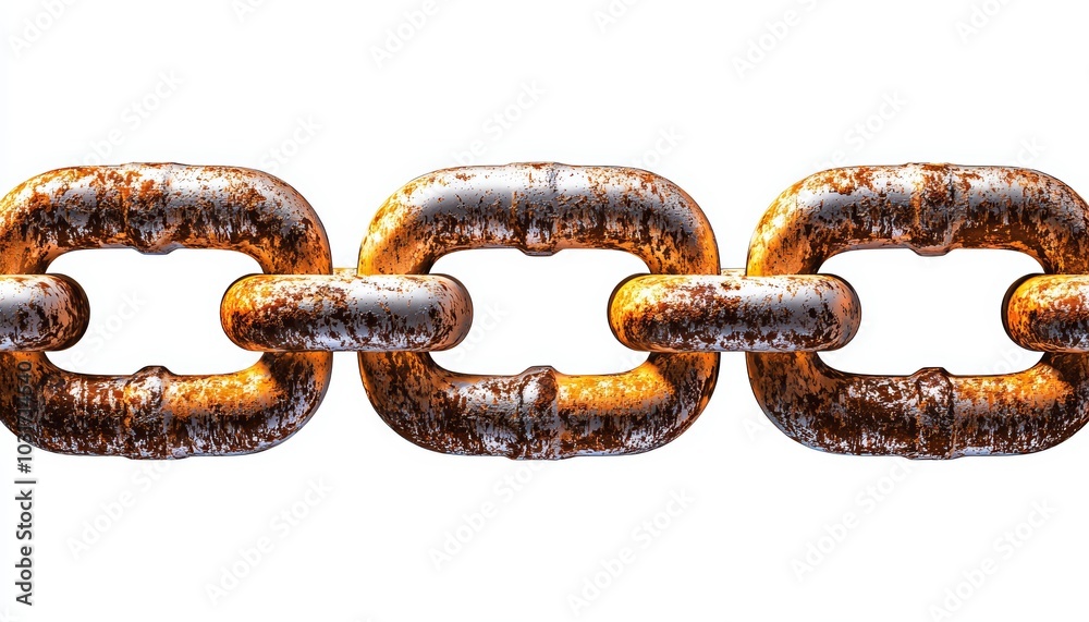 A heavy-duty chain link, with rough metal texture, isolated on a white background A heavy-duty chain link, with rough metal texture, isolated on a white background