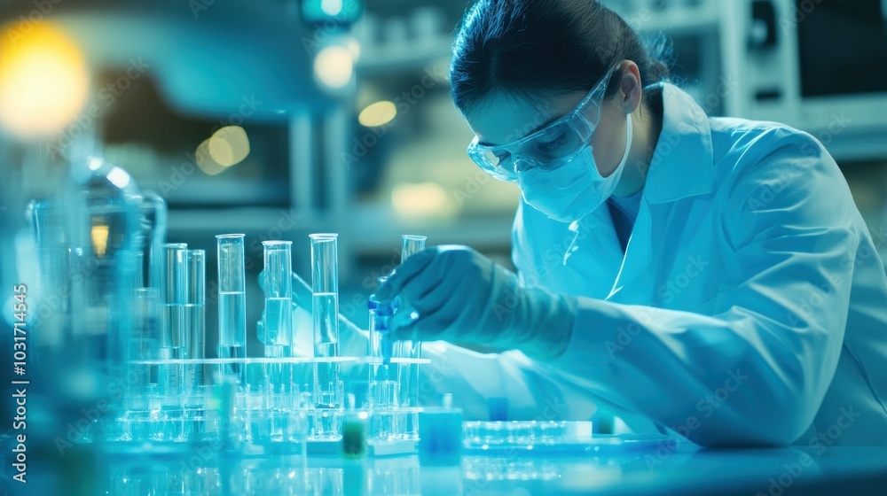 Female Scientist in a Lab Coat Working with Test Tubes and a Petri Dish Female Scientist in a Lab Coat Working with Test Tubes and a Petri Dish