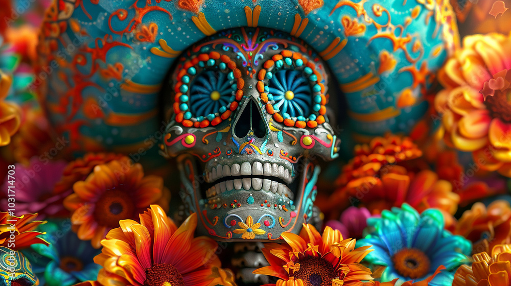 Fototapeta premium illustration of Mexican dia del Muertos sugar skull with face paint, day of the dead celebration, spooky spanish concept