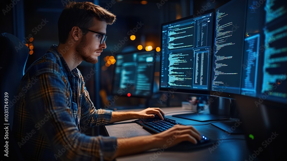 A worker focused on a computer screen, managing daily tasks and responsibilities in their full-time job A worker focused on a computer screen, managing daily tasks and responsibilities in their full-time job