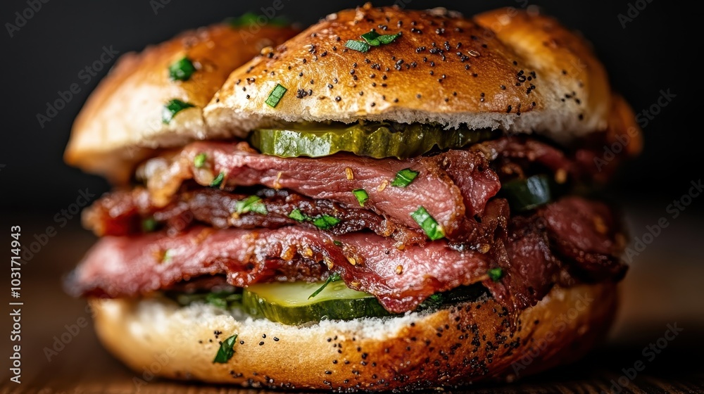 A mouthwatering sandwich with layers of juicy beef, cucumber slices, pickles, and sprinkled herbs on a multigrain bun, capturing robust taste and texture. A mouthwatering sandwich with layers of juicy beef, cucumber slices, pickles, and sprinkled herbs on a multigrain bun, capturing robust taste and texture.