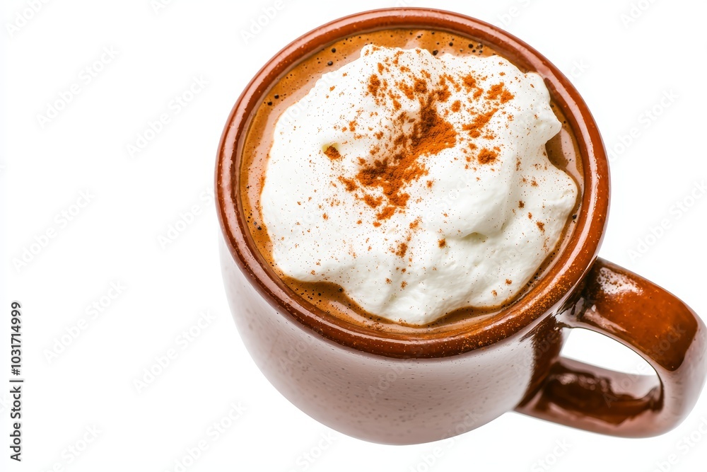 A hot cup of cocoa topped with whipped cream and sprinkled with cinnamon, isolated on a white background A hot cup of cocoa topped with whipped cream and sprinkled with cinnamon, isolated on a white background