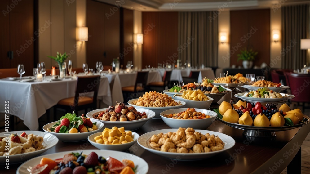 A table filled with a variety of delicious foods, including fresh fruit, pasta, and fried appetizers, in a restaurant setting. A table filled with a variety of delicious foods, including fresh fruit, pasta, and fried appetizers, in a restaurant setting.