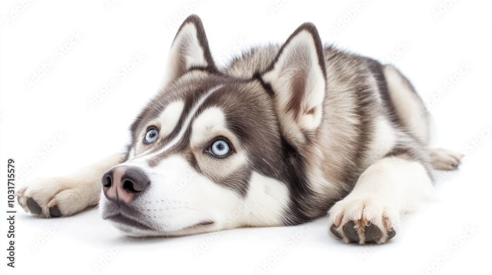 A Siberian Husky lying down with a relaxed expression and striking blue eyes. A Siberian Husky lying down with a relaxed expression and striking blue eyes.