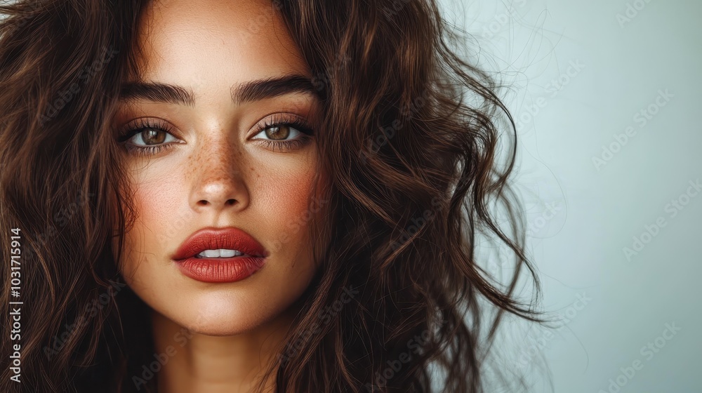 Focused portrait of a woman with distinct freckles and styled hair, her poised expression filling the frame, emphasizing natural beauty with rich detail and clarity. Focused portrait of a woman with distinct freckles and styled hair, her poised expression filling the frame, emphasizing natural beauty with rich detail and clarity.
