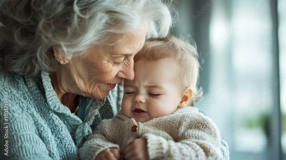 An elderly woman lovingly holds a baby close, showcasing a deep bond and warmth. Their cozy sweaters and serene atmosphere highlight familial love and tenderness. An elderly woman lovingly holds a baby close, showcasing a deep bond and warmth. Their cozy sweaters and serene atmosphere highlight familial love and tenderness.