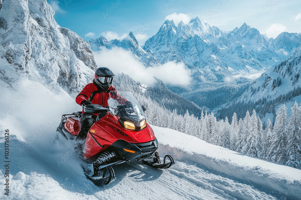In deep snowdrift snowmobile rider man driving fast. Riding with fun in white snow during backcountry tour. Extreme sport adventure, outdoor activity during winter holiday on ski mountain resort. In deep snowdrift snowmobile rider man driving fast. Riding with fun in white snow during backcountry tour. Extreme sport adventure, outdoor activity during winter holiday on ski mountain resort.