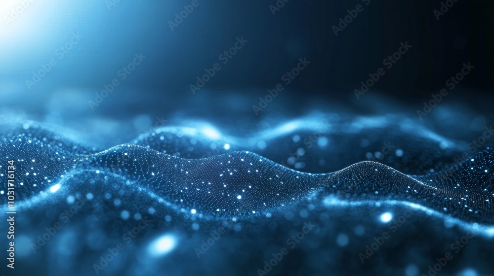 Abstract blue digital wave with glowing particles and a soft light source.