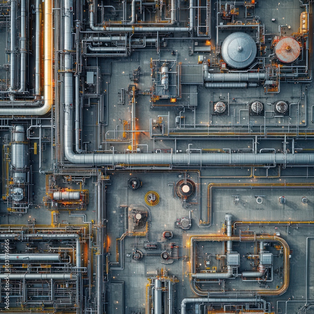 Fototapeta premium Overhead view of a complex network of industrial pipes, tanks, and machinery, highlighting the intricate infrastructure of modern industry.