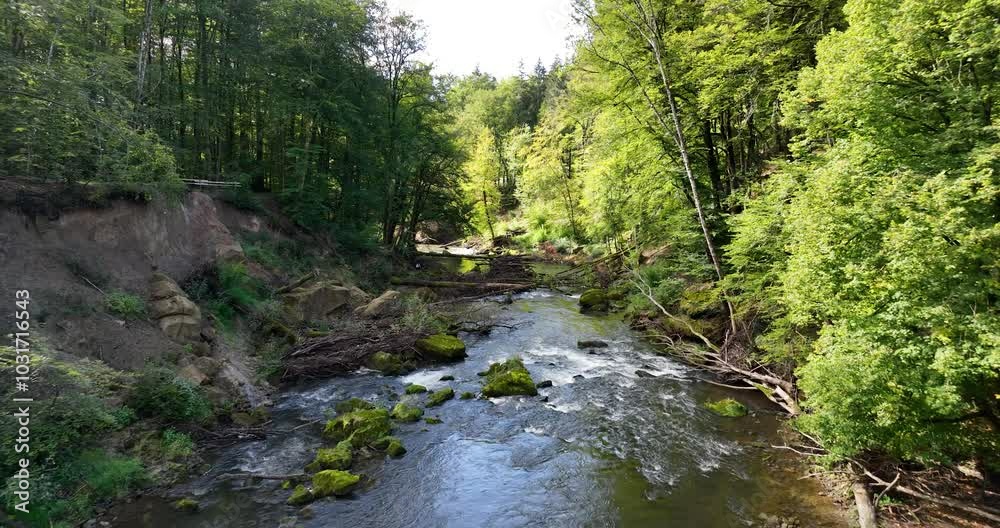 Flowing running creek, water river in Germany. Aerial drone video Flowing running creek, water river in Germany. Aerial drone video