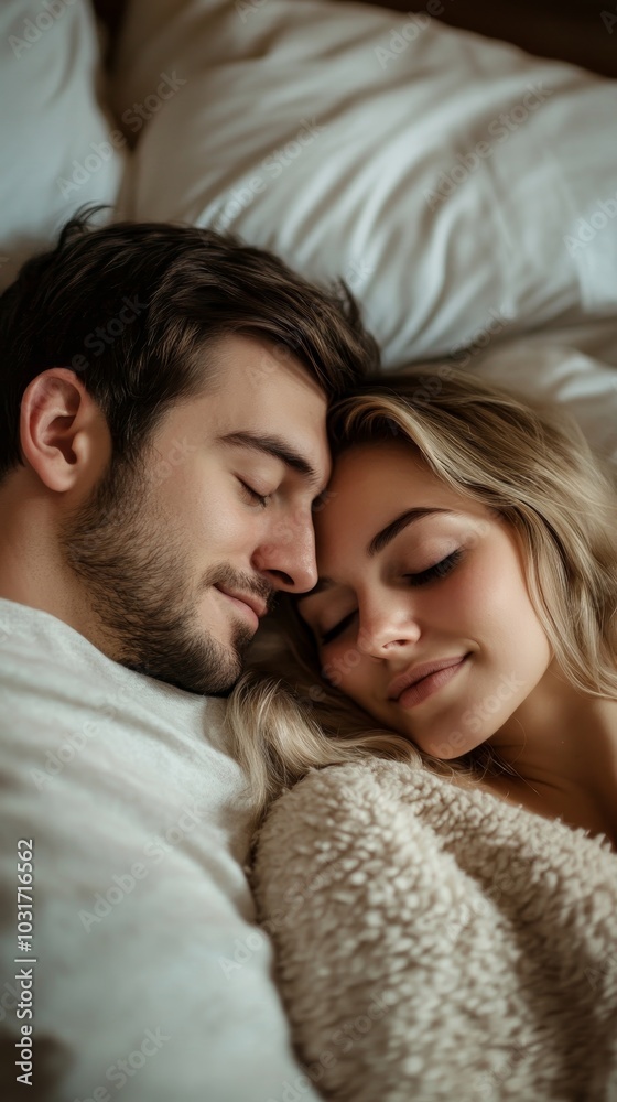 Top view of married couple sleeping and embracing, resting in bed, spouses napping at home, Generative AI Top view of married couple sleeping and embracing, resting in bed, spouses napping at home, Generative AI