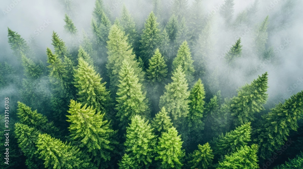 Aerial view of dense evergreen forest shrouded in mist. Aerial view of dense evergreen forest shrouded in mist.