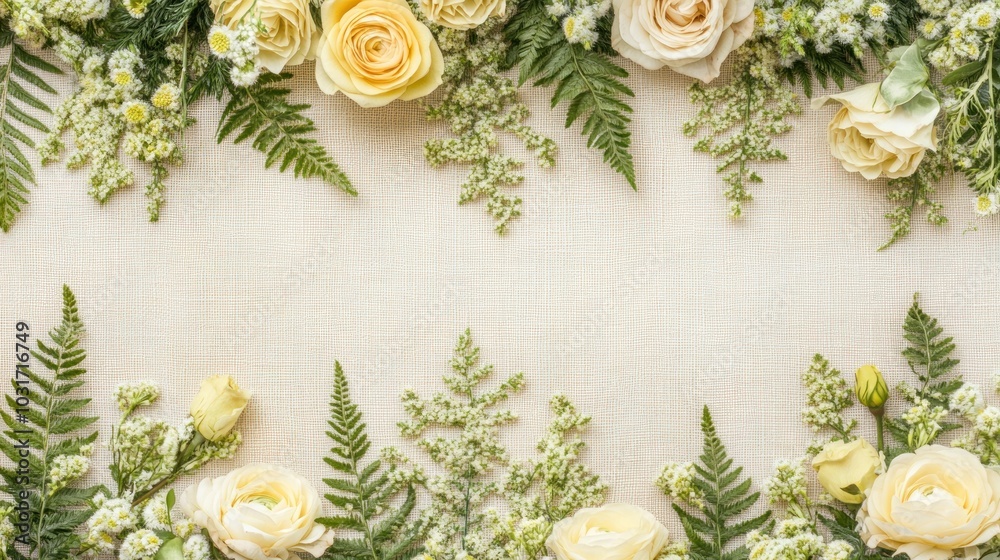A serene arrangement of yellow roses and greenery on a light background. A serene arrangement of yellow roses and greenery on a light background.