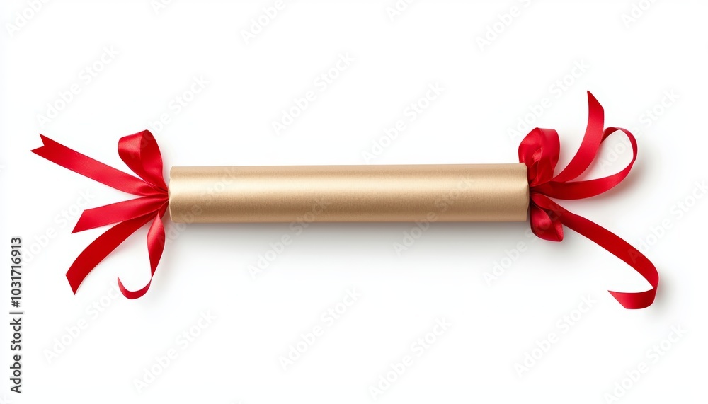 A realistic Christmas cracker wrapped in gold paper, tied with red ribbon at both ends, isolated on white A realistic Christmas cracker wrapped in gold paper, tied with red ribbon at both ends, isolated on white