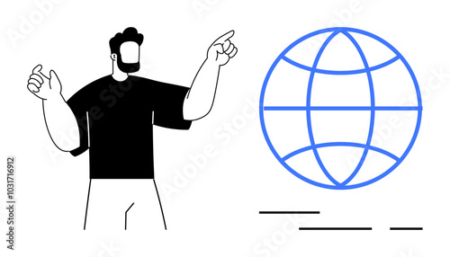 Man with a beard and casual clothes points towards a blue globe. Ideal for education technology digital connectivity geography presentations global awareness international studies and online