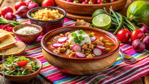 Mexican pozole soup with radishes and fresh toppings on a colorful table