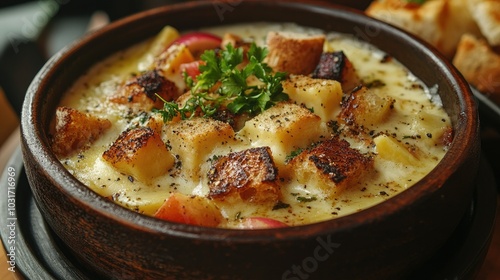 Gourmet cheese fondue served with chunks of bread, vegetables, and apples for dipping, presented in a rustic pot with skewers