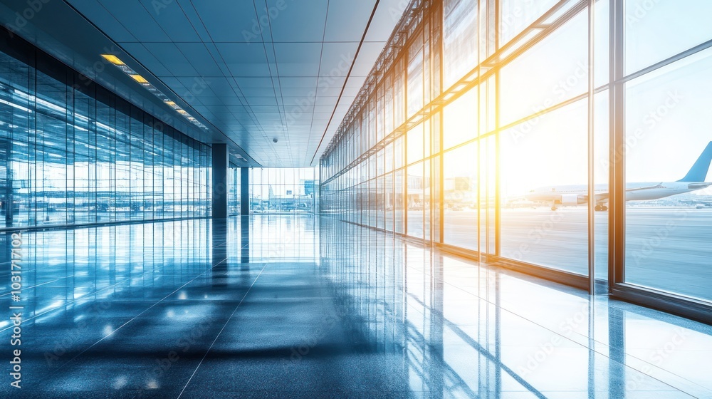 Modern airport corridor with large windows overlooking runway and airplane in the distance. Modern airport corridor with large windows overlooking runway and airplane in the distance.