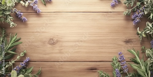 A wooden surface adorned with lavender and herbs, creating a natural, serene atmosphere.