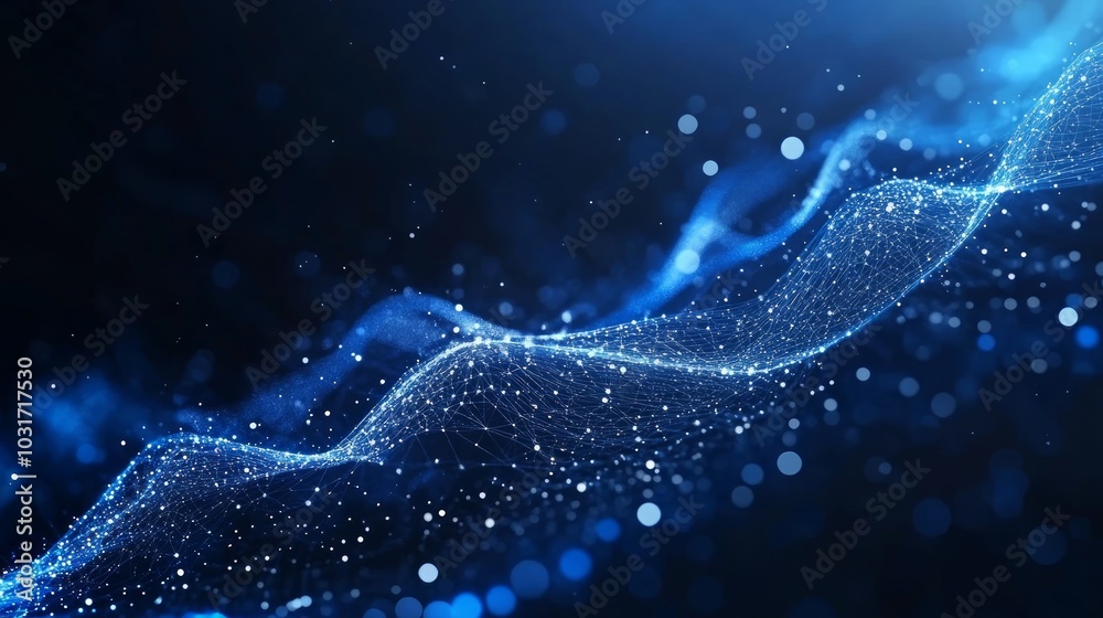 Abstract blue wave of connected particles with bokeh effect on a dark background. Abstract blue wave of connected particles with bokeh effect on a dark background.